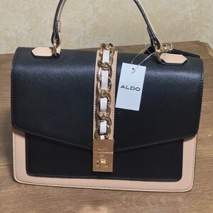 NWT Aldo Black and Cream Satchel with Gold Accents
